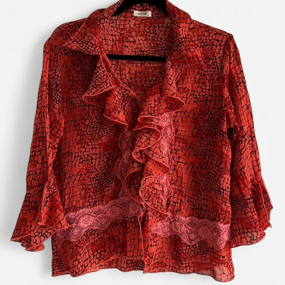 Vintage Jaipur Coral Abstract Ruffle Blouse | Sheer Lace Statement Top Y2K Large